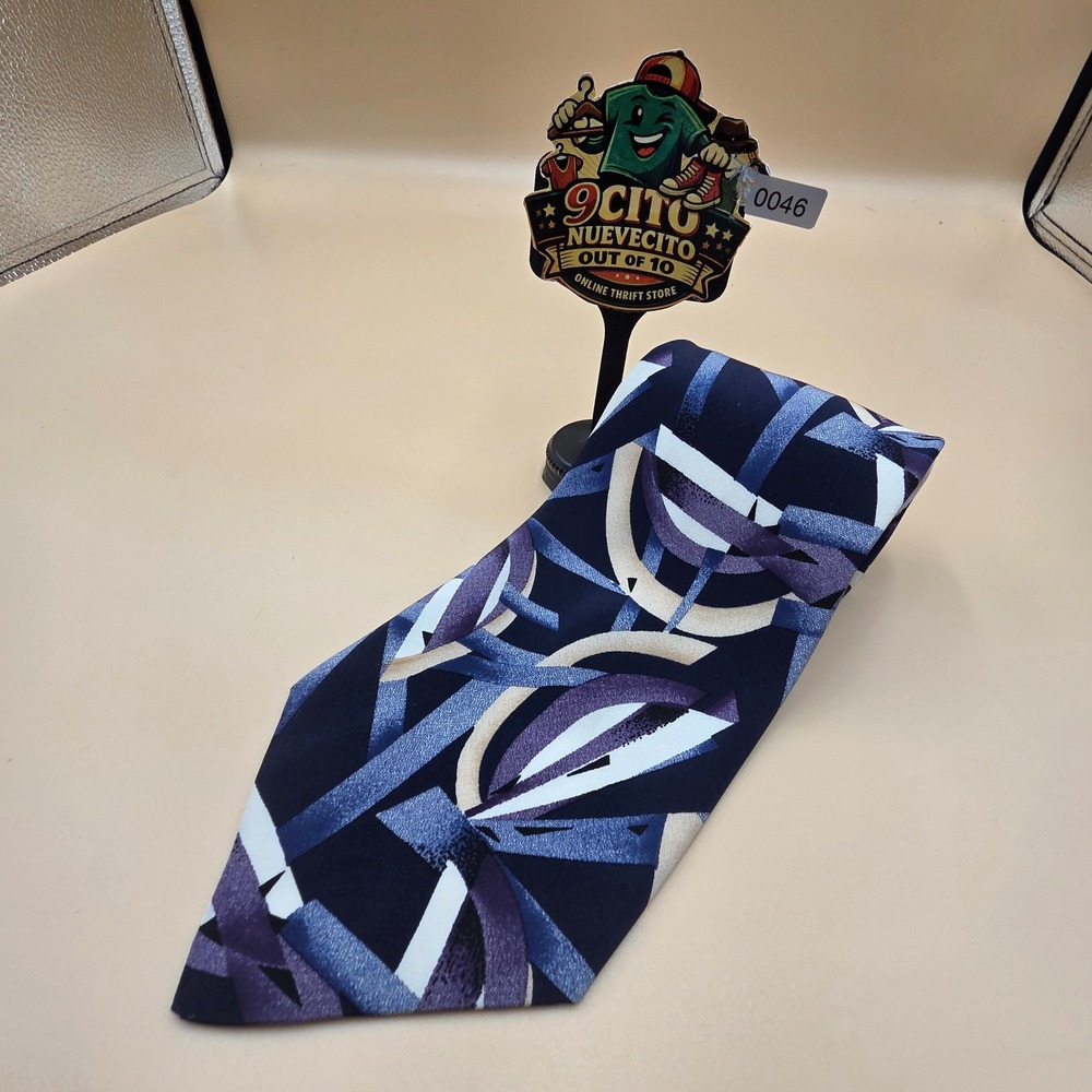 Brandini Mens Silk Necktie Abstract Geometric Navy Blue Purple Tan White